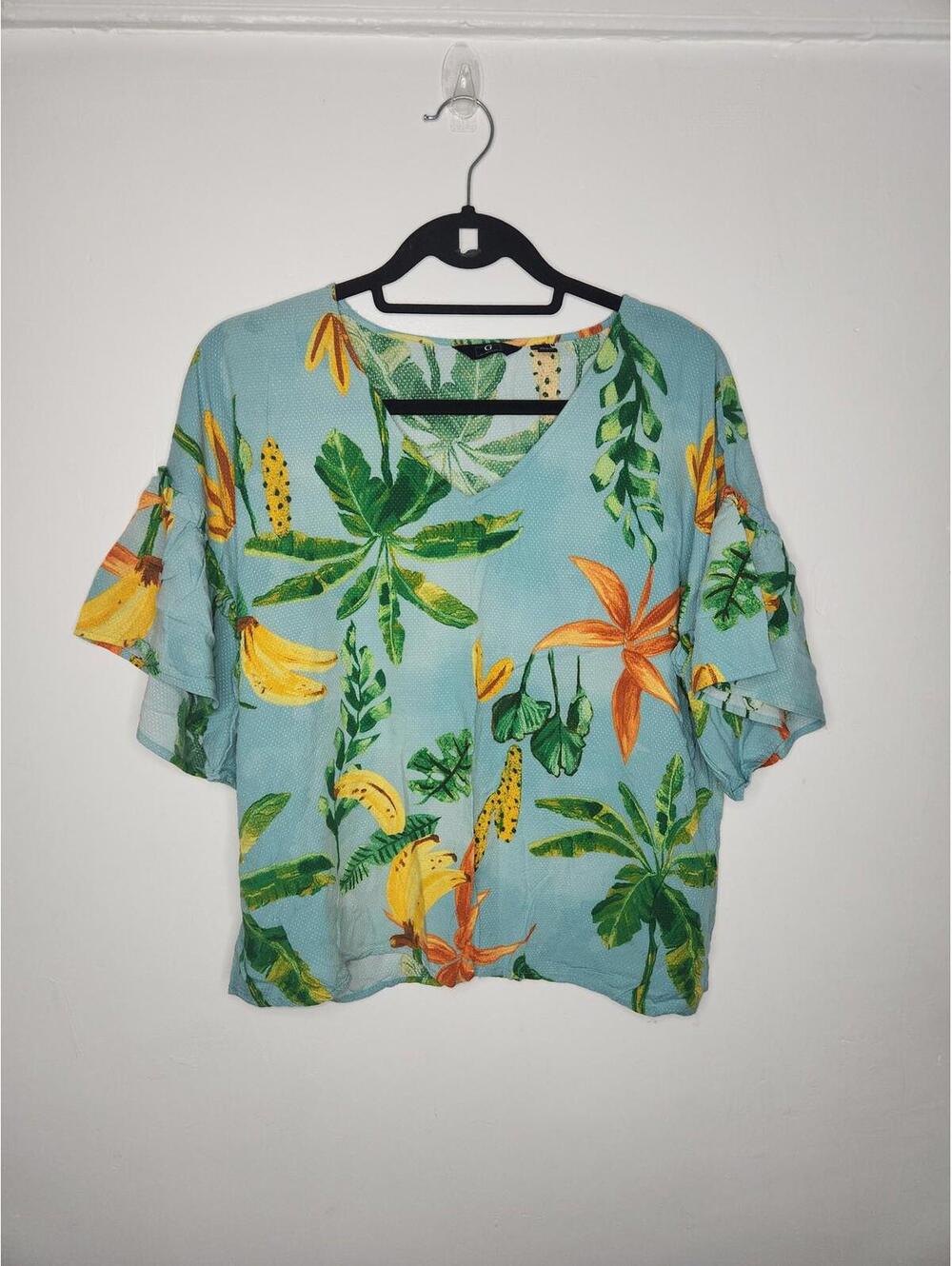 G By Giuliana Shirt Womens Large Blue Tropical Floral Flutter Sleeve Top Blouse